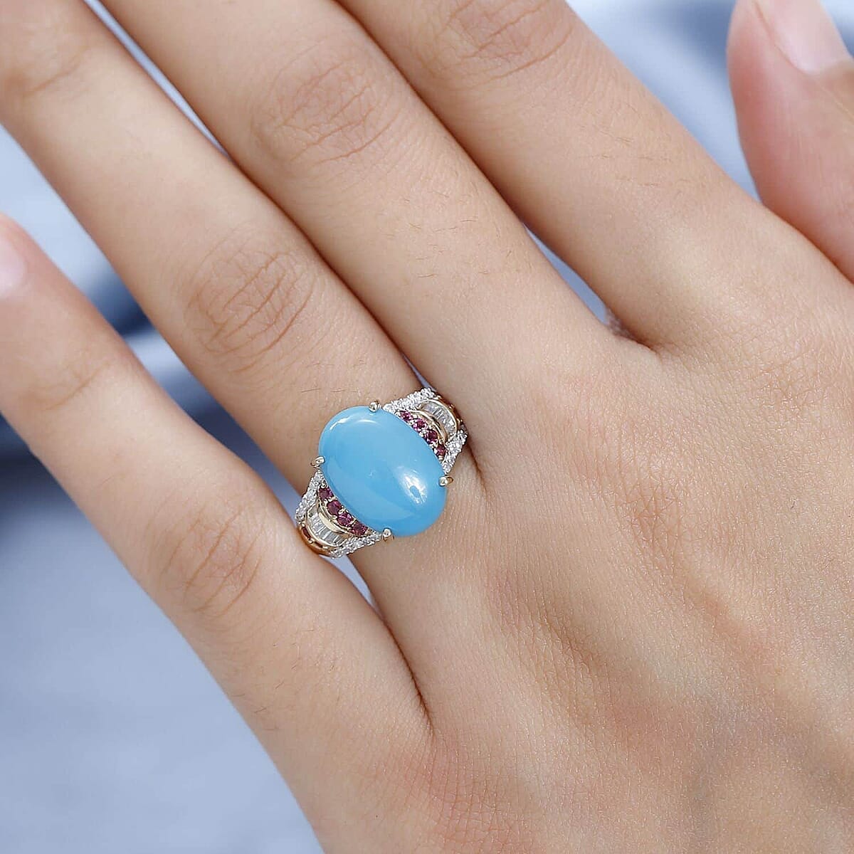 Luxoro 10K Yellow Gold Premium Sleeping Beauty Turquoise and Ouro Fino Rubellite, Diamond Ring (Size 7.0) 5.50 ctw image number 2