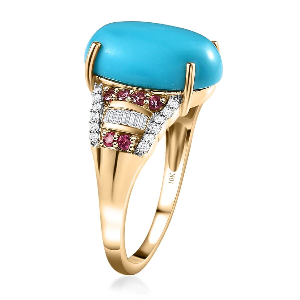 Luxoro 10K Yellow Gold Premium Sleeping Beauty Turquoise and Ouro Fino Rubellite, Diamond Ring (Size 7.0) 5.50 ctw image number 3