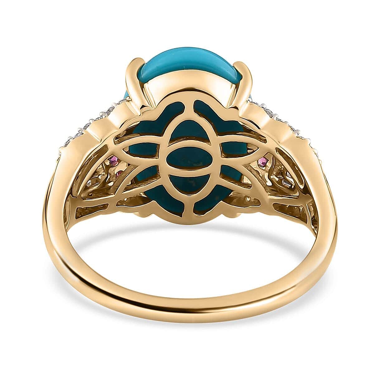 Luxoro 10K Yellow Gold Premium Sleeping Beauty Turquoise and Ouro Fino Rubellite, Diamond Ring (Size 7.0) 5.50 ctw image number 4
