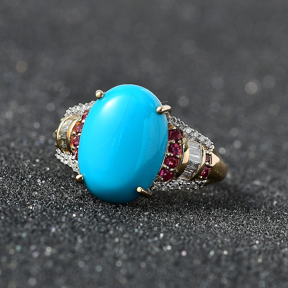 Luxoro 10K Yellow Gold Premium Sleeping Beauty Turquoise and Ouro Fino Rubellite, Diamond Ring (Size 9.0) 5.50 ctw image number 1