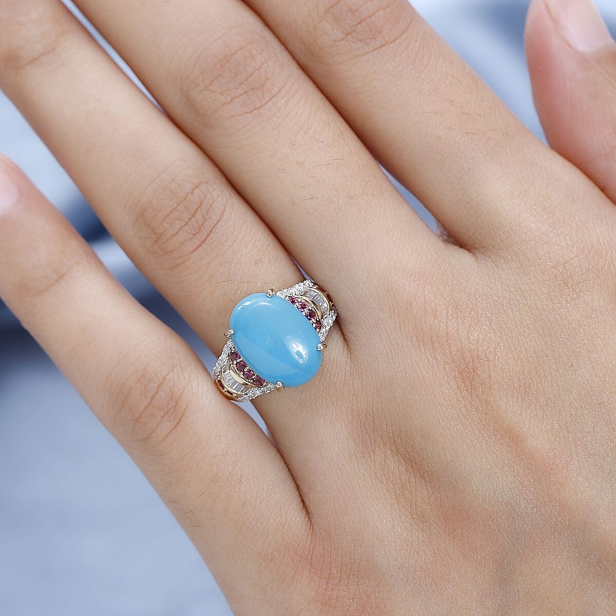 Luxoro 10K Yellow Gold Premium Sleeping Beauty Turquoise and Ouro Fino Rubellite, Diamond Ring (Size 9.0) 5.50 ctw image number 2