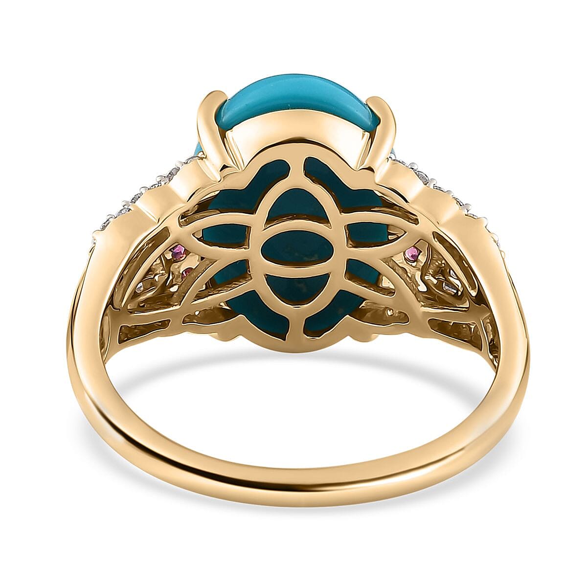 Luxoro 10K Yellow Gold Premium Sleeping Beauty Turquoise and Ouro Fino Rubellite, Diamond Ring (Size 9.0) 5.50 ctw image number 4