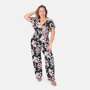 Tamsy Black Floral Smocked Waist Jumpsuit with Flutter Sleeve - One Size Fits Most