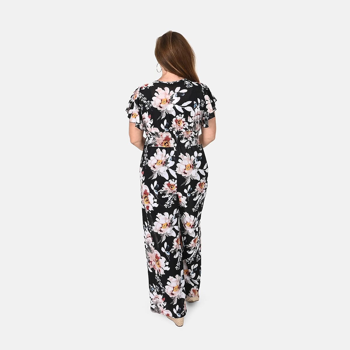 Tamsy Black Floral Smocked Waist Jumpsuit with Flutter Sleeve - One Size Fits Most image number 1