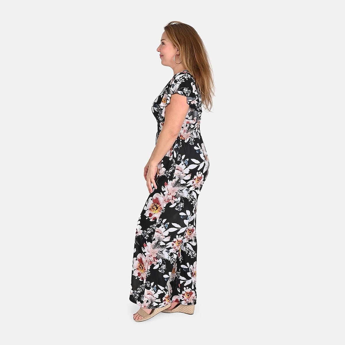 Tamsy Black Floral Smocked Waist Jumpsuit with Flutter Sleeve - One Size Fits Most image number 2