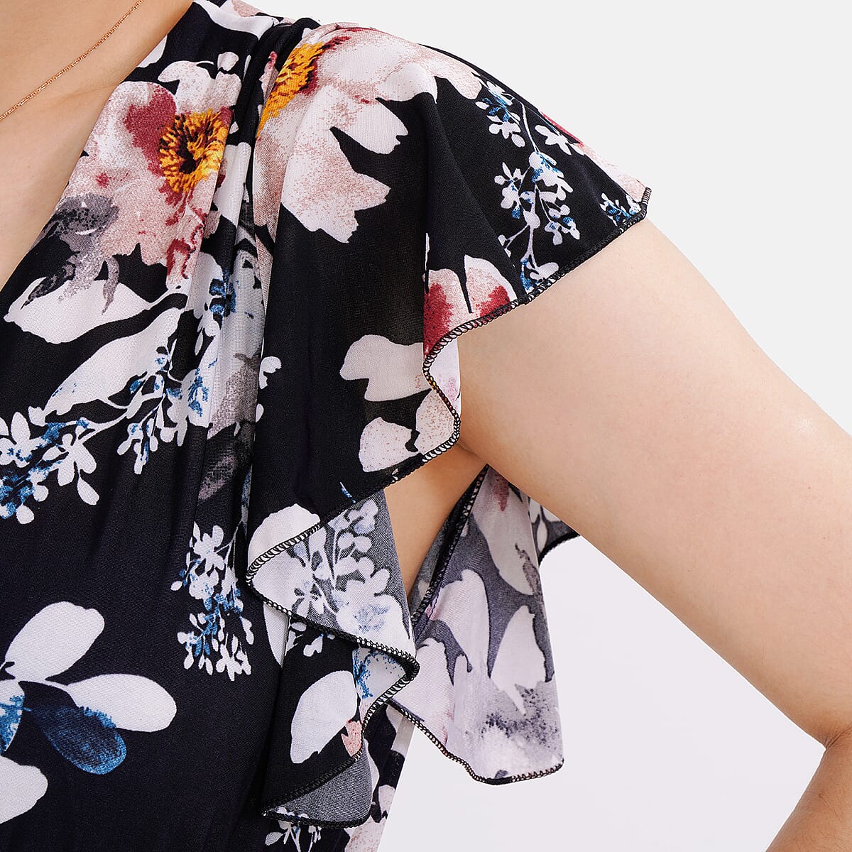 Tamsy Black Floral Smocked Waist Jumpsuit with Flutter Sleeve - One Size Fits Most image number 5