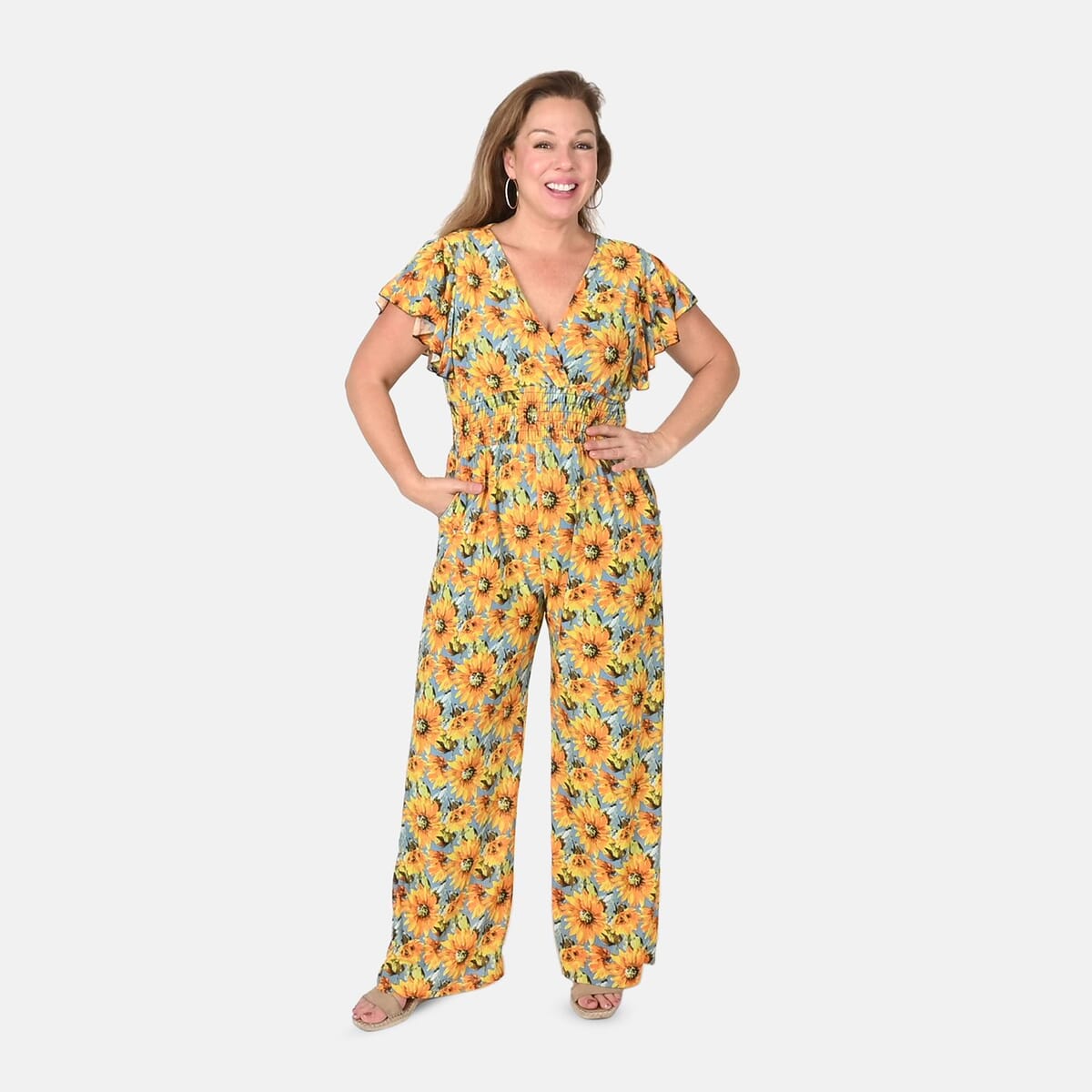 Tamsy Yellow Sunflower Smocked Waist Jumpsuit with Flutter Sleeve - One Size Fits Most image number 0