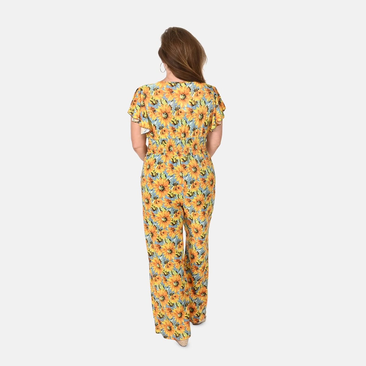 Tamsy Yellow Sunflower Smocked Waist Jumpsuit with Flutter Sleeve - One Size Fits Most image number 1