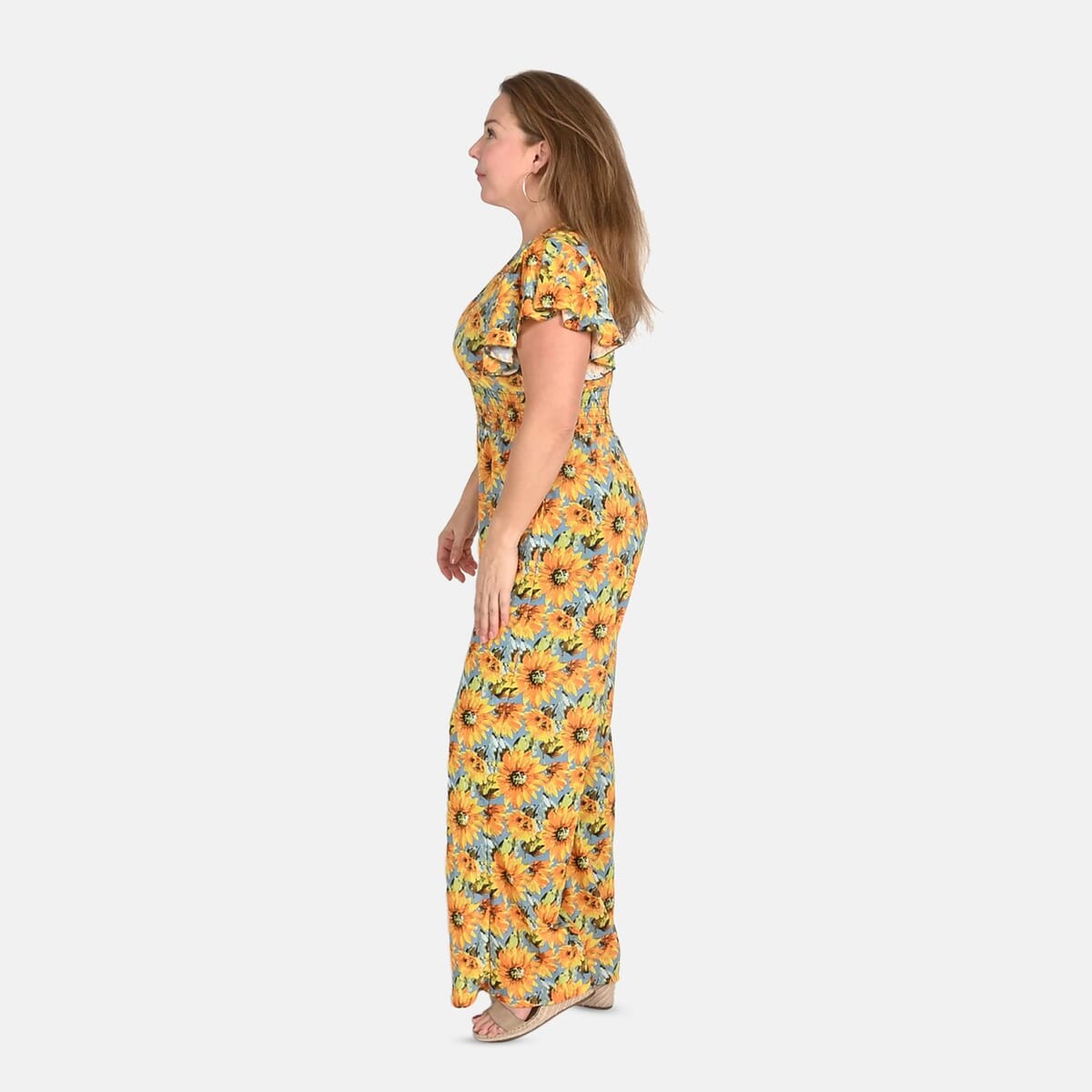 Tamsy Yellow Sunflower Smocked Waist Jumpsuit with Flutter Sleeve - One Size Fits Most image number 2