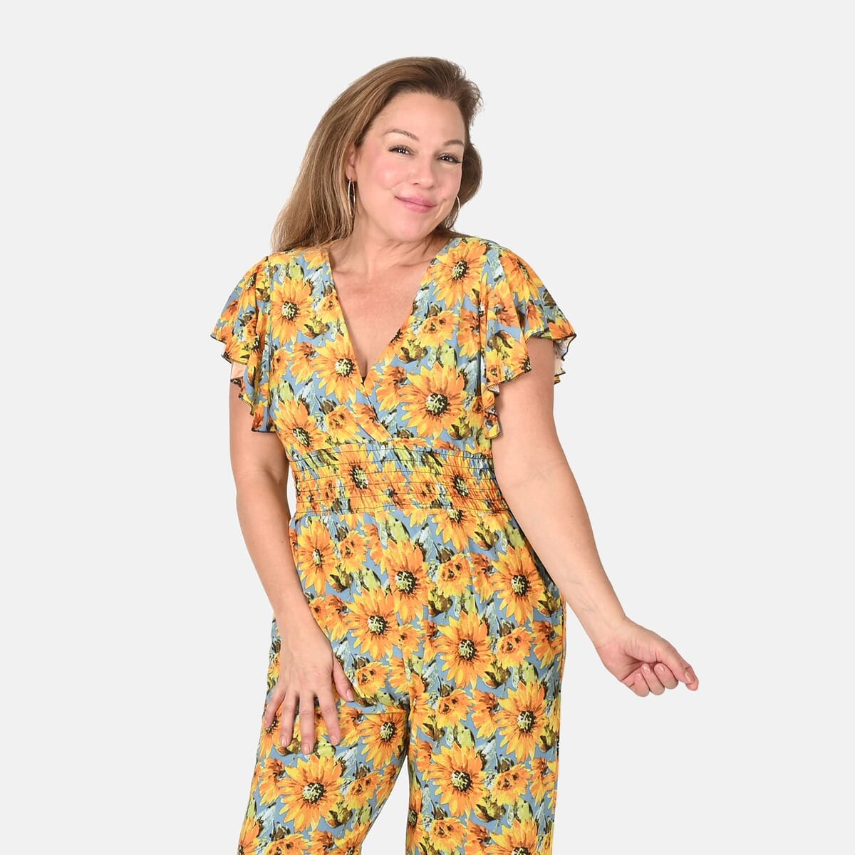Tamsy Yellow Sunflower Smocked Waist Jumpsuit with Flutter Sleeve - One Size Fits Most image number 3