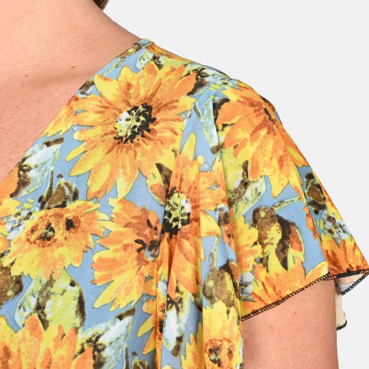 Tamsy Yellow Sunflower Smocked Waist Jumpsuit with Flutter Sleeve - One Size Fits Most image number 4