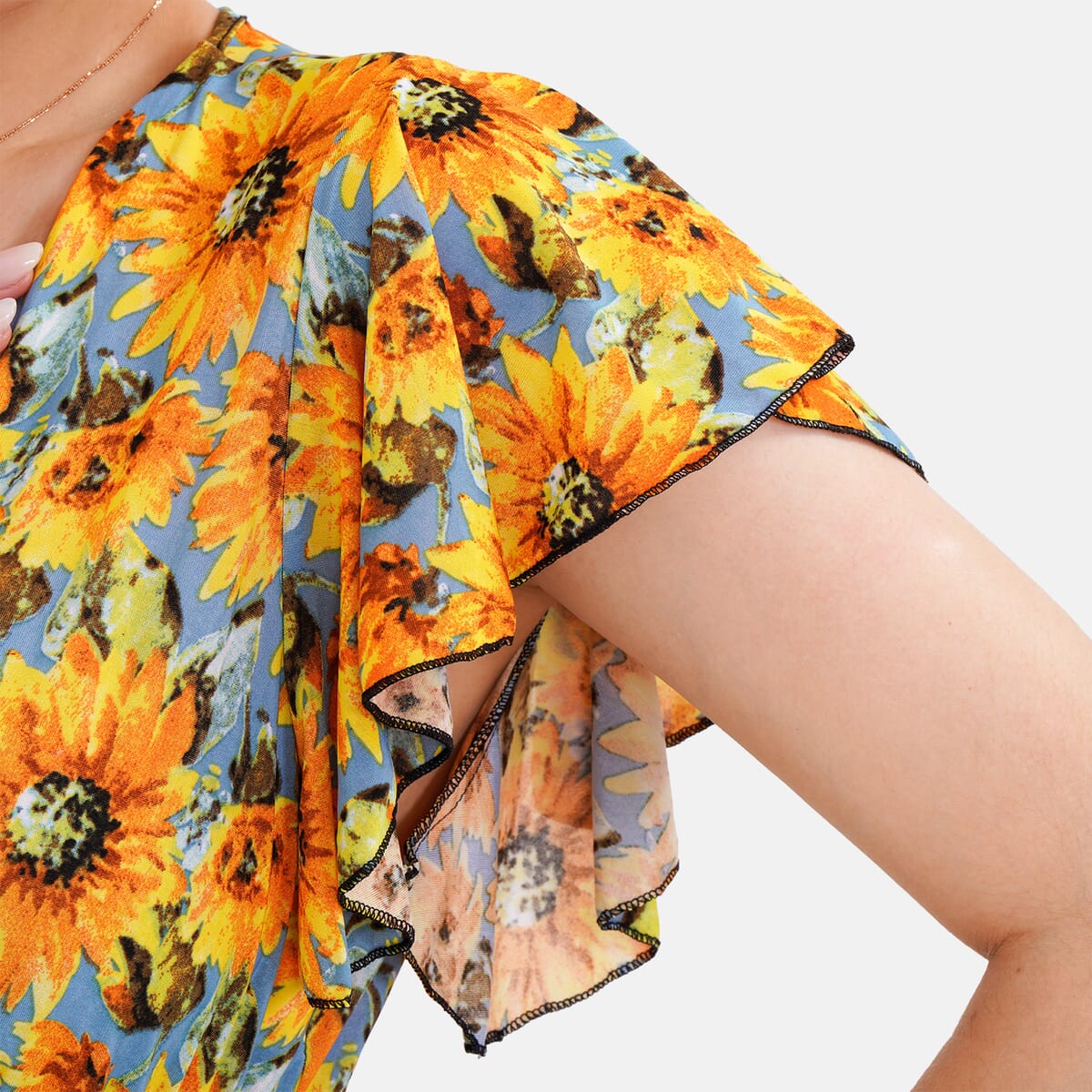Tamsy Yellow Sunflower Smocked Waist Jumpsuit with Flutter Sleeve - One Size Fits Most image number 5