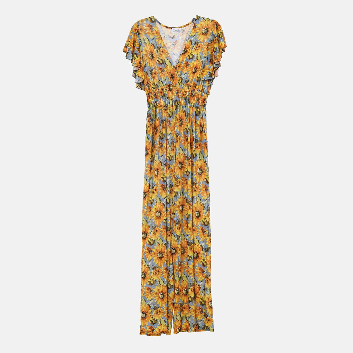Tamsy Yellow Sunflower Smocked Waist Jumpsuit with Flutter Sleeve - One Size Fits Most image number 6