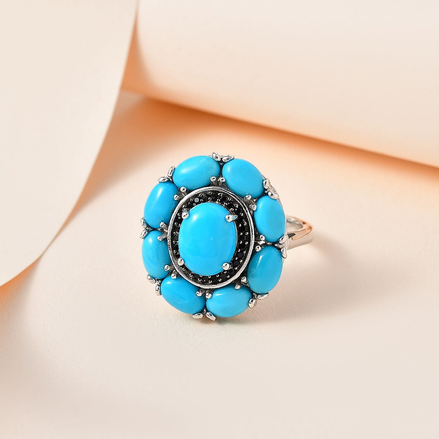 Sleeping Beauty Turquoise and Thai Black Spinel Cocktail Ring in Platinum Over Sterling Silver (Size 10.0) 5.50 ctw