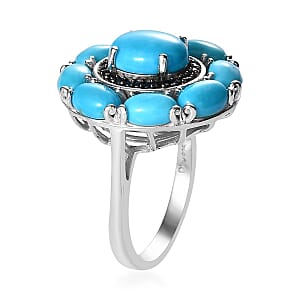 Sleeping Beauty Turquoise and Thai Black Spinel Cocktail Ring in Platinum Over Sterling Silver (Size 10.0) 5.50 ctw