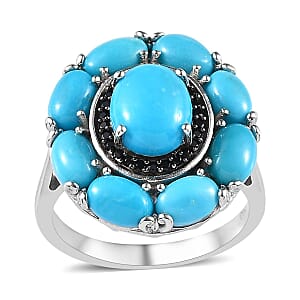 Sleeping Beauty Turquoise and Thai Black Spinel Cocktail Ring in Platinum Over Sterling Silver (Size 7.0) 5.50 ctw