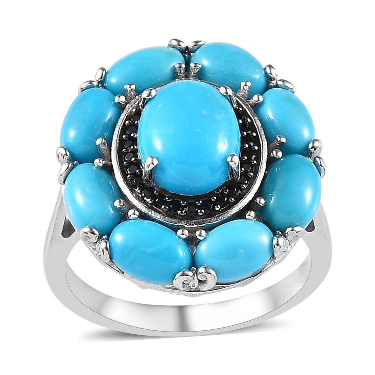 Sleeping Beauty Turquoise and Thai Black Spinel Cocktail Ring in Platinum Over Sterling Silver (Size 8.0) 5.50 ctw image number 0