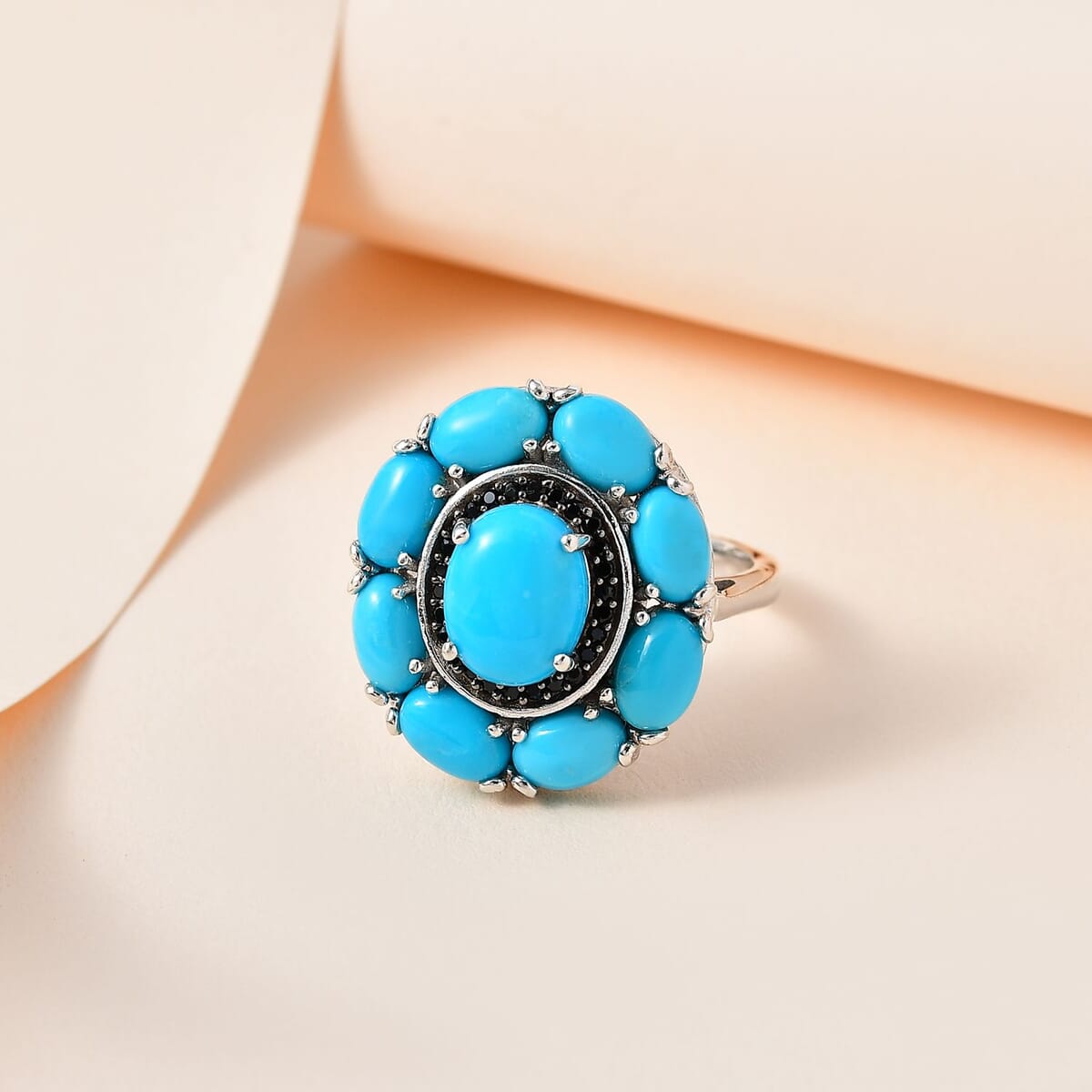 Sleeping Beauty Turquoise and Thai Black Spinel Cocktail Ring in Platinum Over Sterling Silver (Size 8.0) 5.50 ctw image number 1