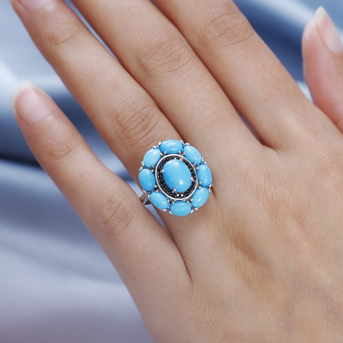 Sleeping Beauty Turquoise and Thai Black Spinel Cocktail Ring in Platinum Over Sterling Silver (Size 8.0) 5.50 ctw image number 2