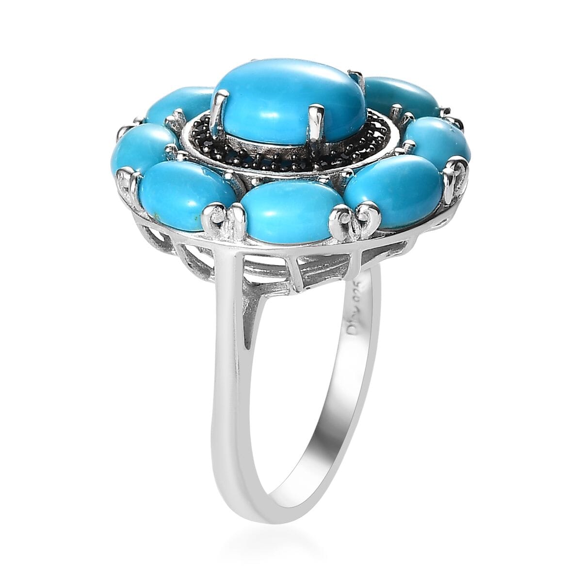 Sleeping Beauty Turquoise and Thai Black Spinel Cocktail Ring in Platinum Over Sterling Silver (Size 8.0) 5.50 ctw image number 3