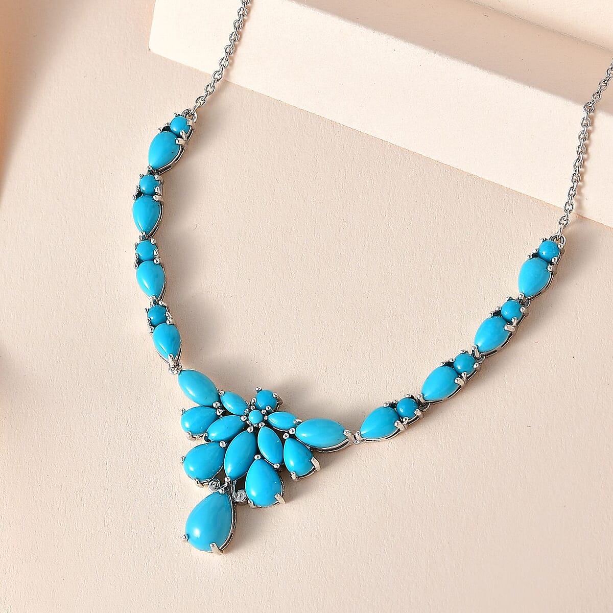 Sleeping Beauty Turquoise Floral Necklace 18-20 Inches in Platinum Over Sterling Silver 10.85 ctw image number 1
