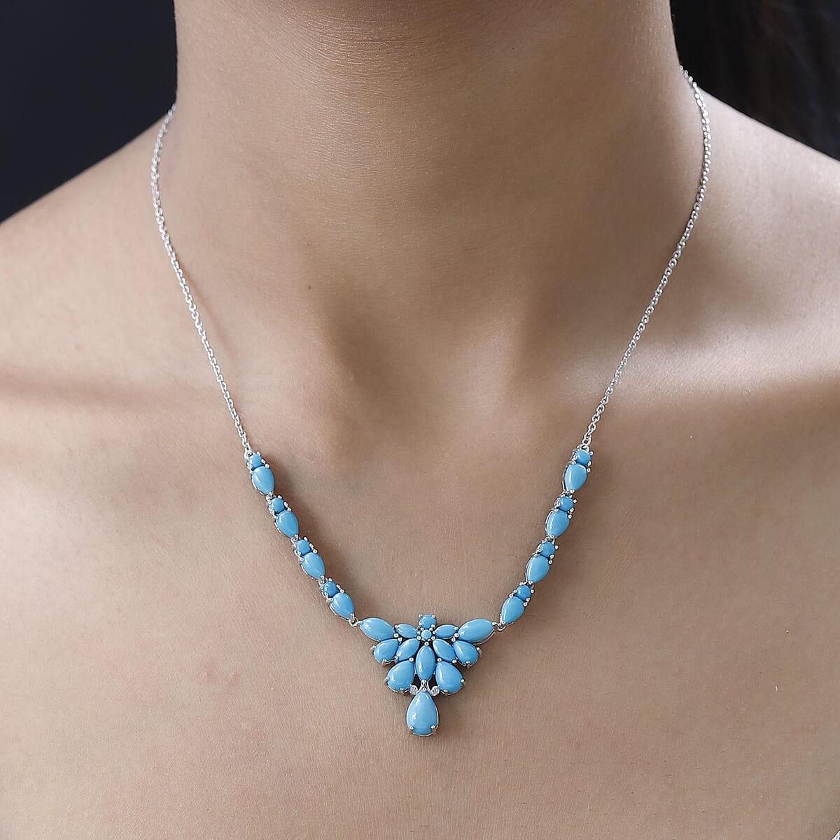 Sleeping Beauty Turquoise Floral Necklace 18-20 Inches in Platinum Over Sterling Silver 10.85 ctw image number 2