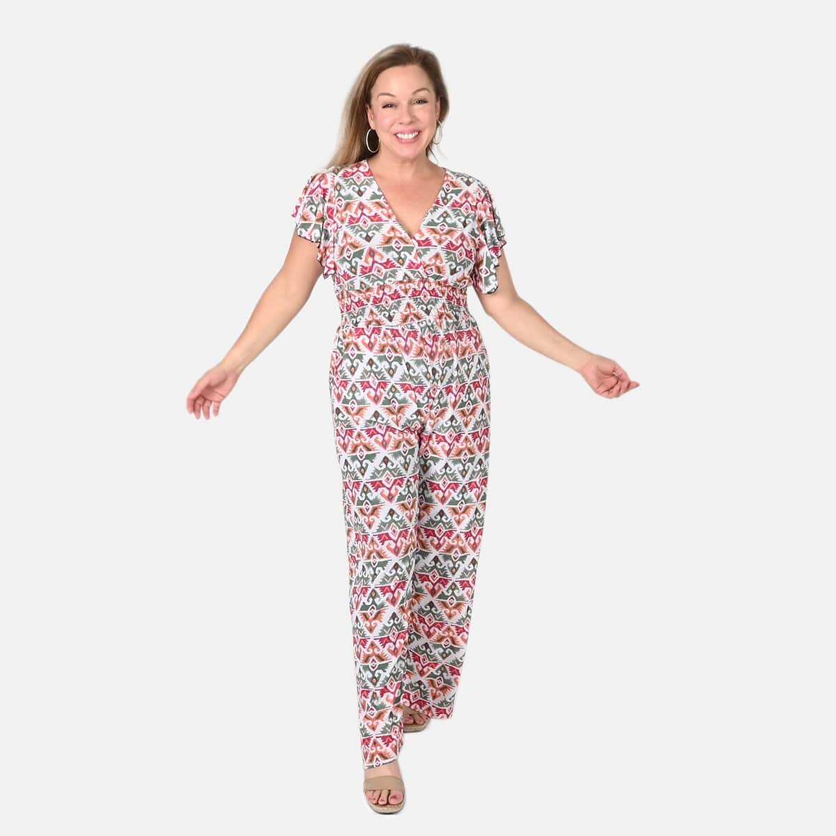 Tamsy Multi Ikat Smocked Waist Jumpsuit with Flutter Sleeve - One Size Fits Most image number 0