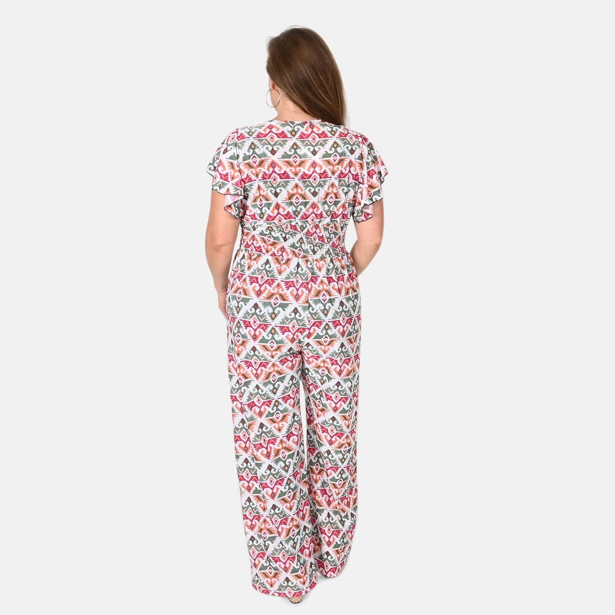 Tamsy Multi Ikat Smocked Waist Jumpsuit with Flutter Sleeve - One Size Fits Most image number 1