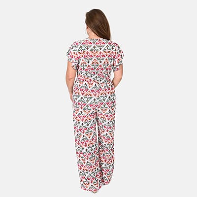 Tamsy Multi Ikat Smocked Waist Jumpsuit with Flutter Sleeve - One Size Fits Most