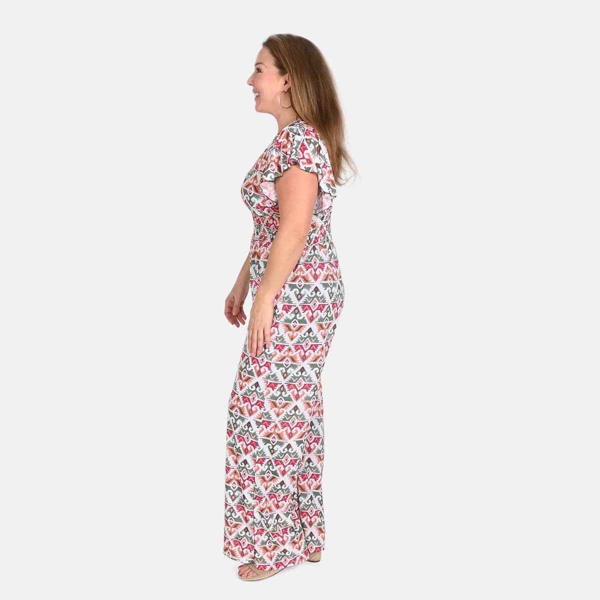 Tamsy Multi Ikat Smocked Waist Jumpsuit with Flutter Sleeve - One Size Fits Most image number 2