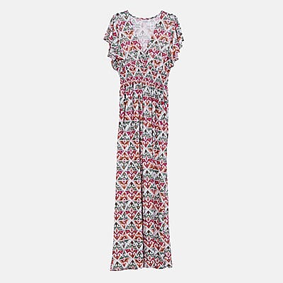 Tamsy Multi Ikat Smocked Waist Jumpsuit with Flutter Sleeve - One Size Fits Most