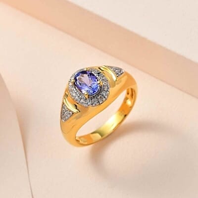 Tanzanite and White Zircon  1.09 ctw Ring in Vermeil Yellow Gold Over Sterling Silver (Size 11.5)