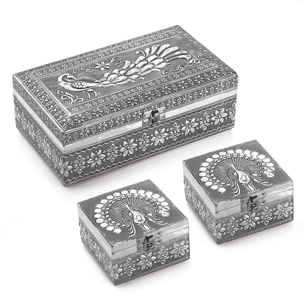 Handcrafted Set of 3 3D Embossed Peacock Aluminium Oxidized Storage Boxes image number 0