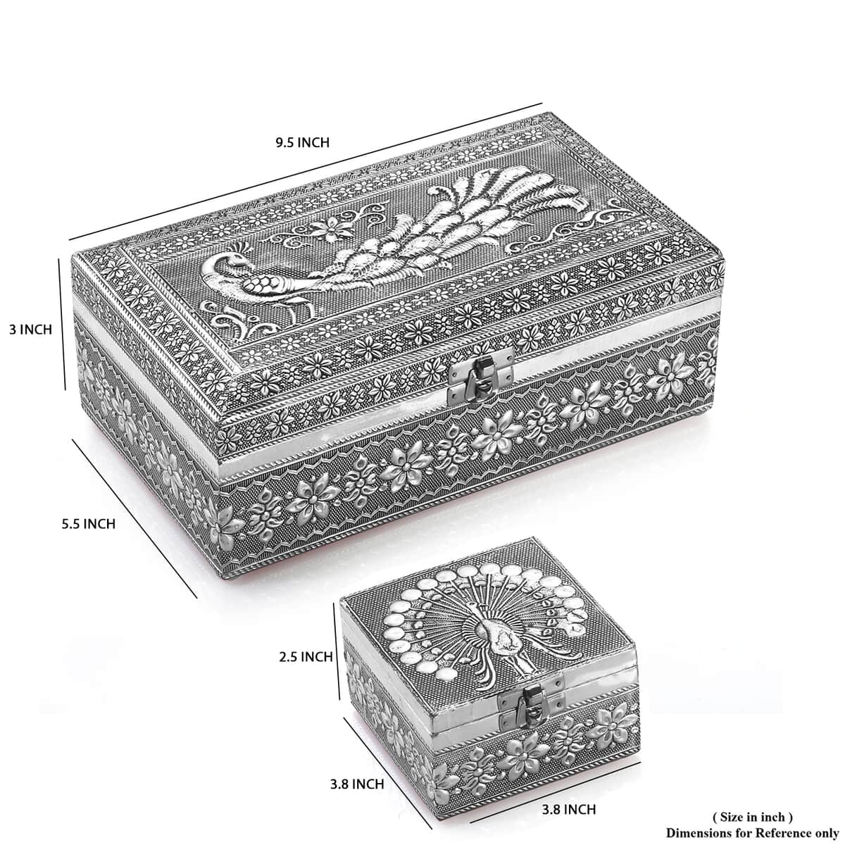 Handcrafted Set of 3 3D Embossed Peacock Aluminium Oxidized Storage Boxes image number 8
