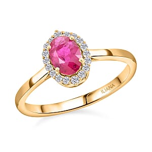 Certified & Appraised Iliana 18K Yellow Gold AAA Montepuez Ruby and Diamond G-H SI Halo Ring (Size 9.5) 1.10 ctw