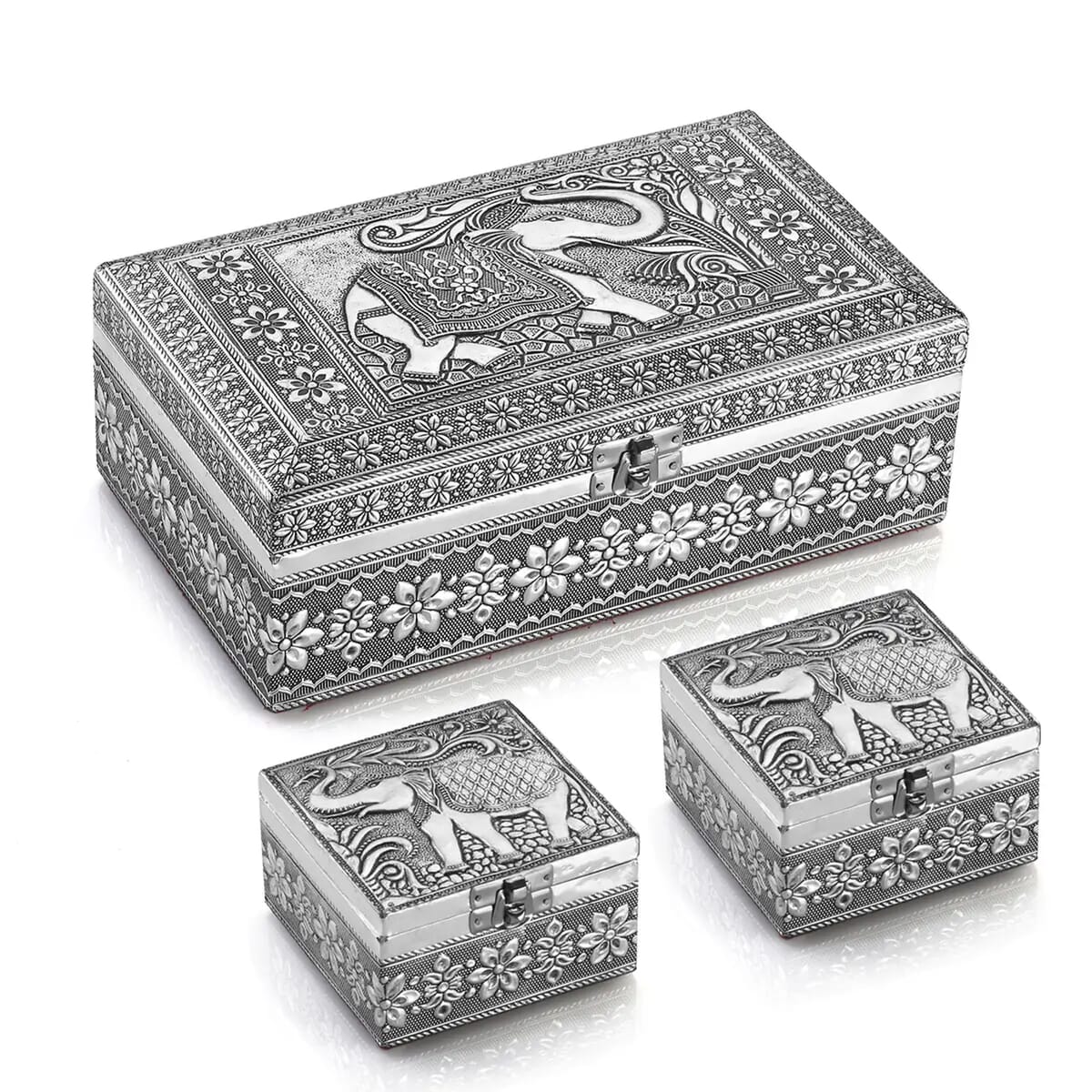 Handcrafted Set of 3 3D Embossed Elephant Aluminium Oxidized Storage Boxes image number 0