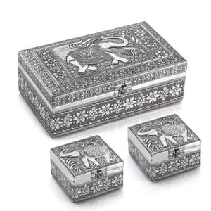 Handcrafted Set of 3 3D Embossed Elephant Aluminium Oxidized Storage Boxes