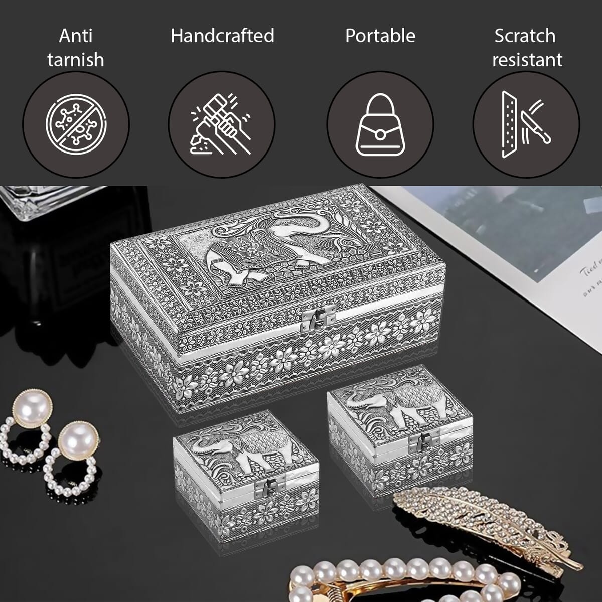 Handcrafted Set of 3 3D Embossed Elephant Aluminium Oxidized Storage Boxes image number 2