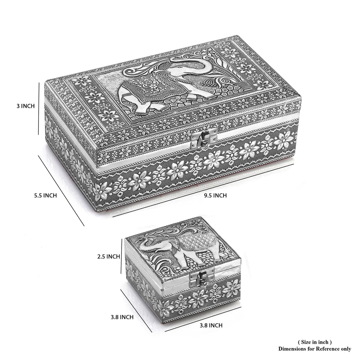 Handcrafted Set of 3 3D Embossed Elephant Aluminium Oxidized Storage Boxes image number 8