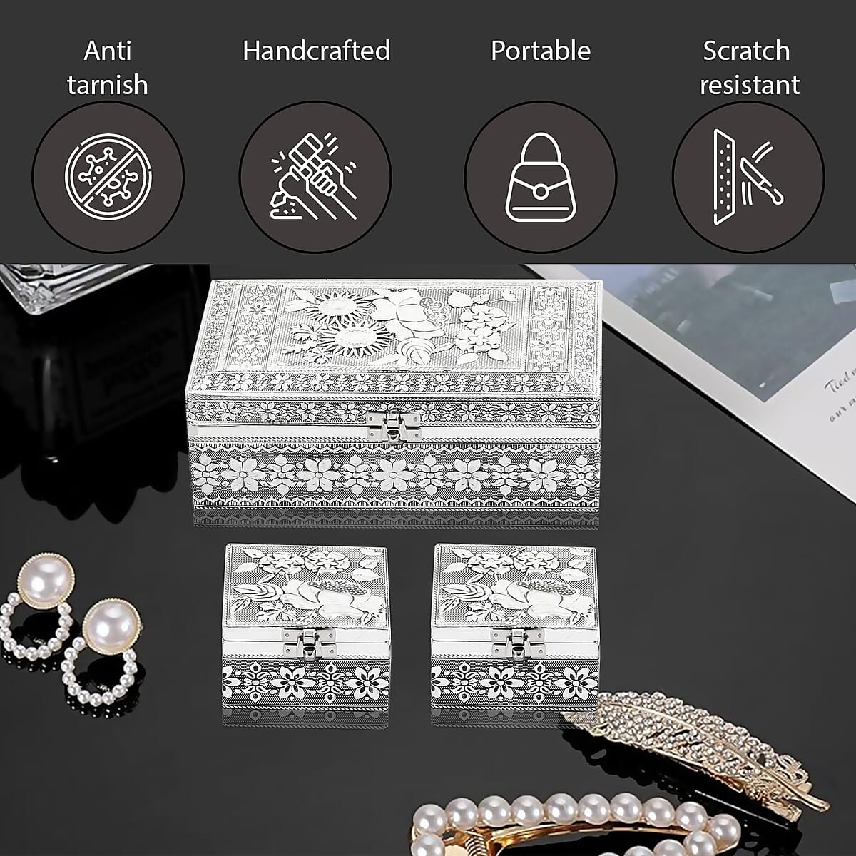 Handcrafted Set of 3 3D Embossed Bald Eagle Aluminium Oxidized Storage Boxes image number 4