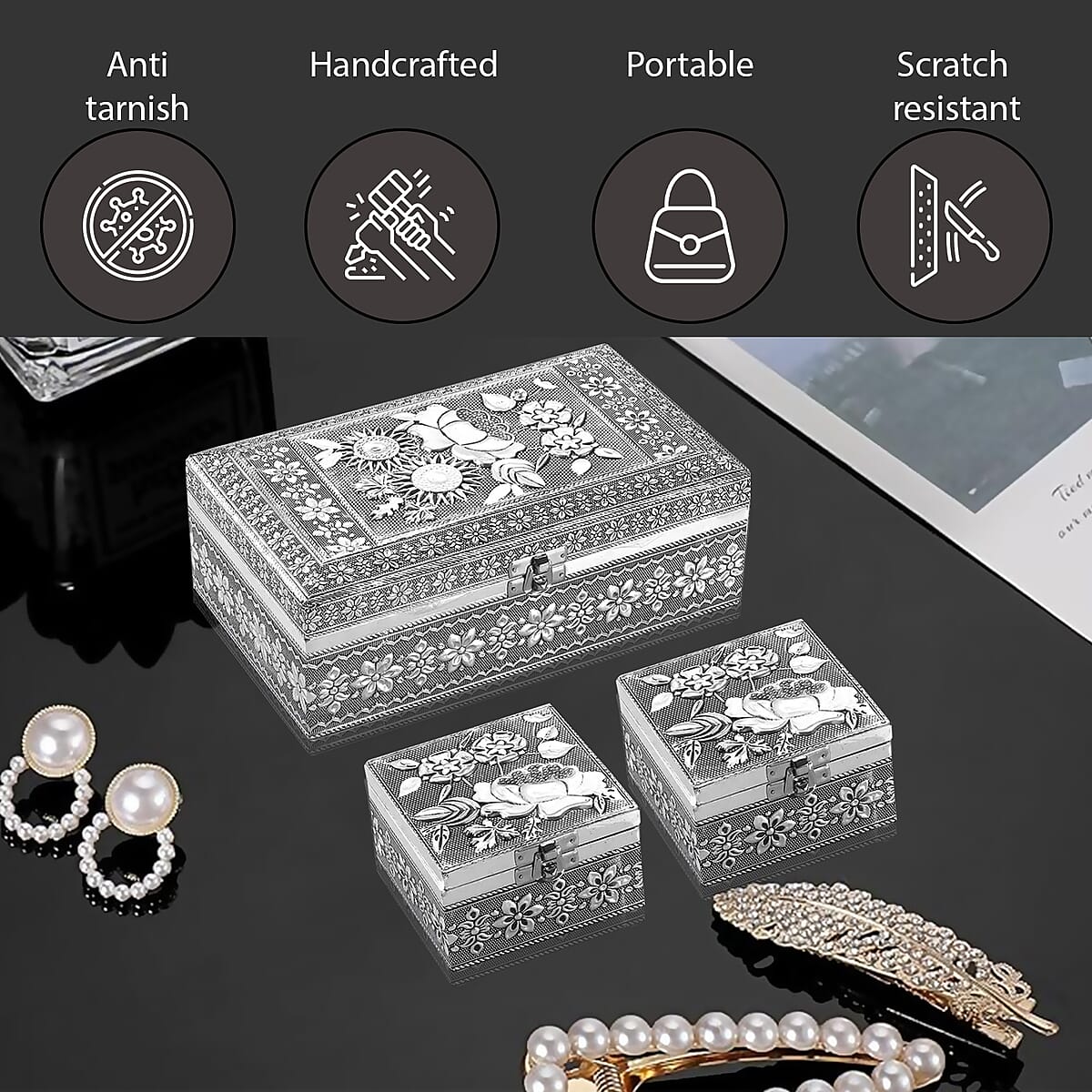 Handcrafted Set of 3 3D Embossed Mandala Aluminium Oxidized Storage Boxes image number 2