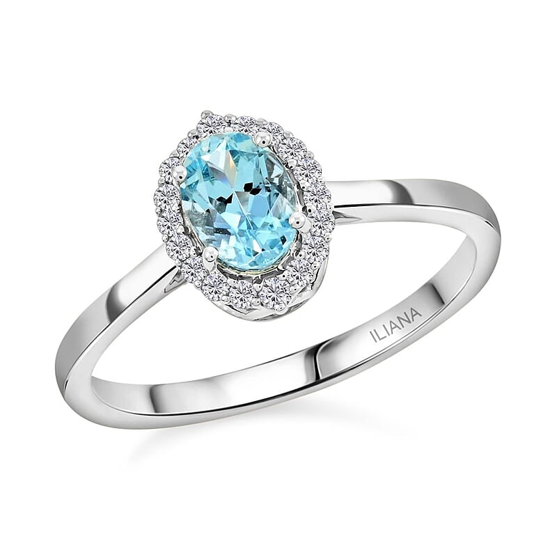 Iliana 18K White Gold AAA Santa Maria Aquamarine and G-H SI Diamond Halo Ring (Size 8.0) 1.00 ctw