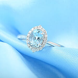  Iliana 18K White Gold AAA Santa Maria Aquamarine and G-H SI Diamond Halo Ring (Size 8.0) 1.00 ctw