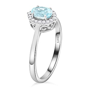  Iliana 18K White Gold AAA Santa Maria Aquamarine and G-H SI Diamond Halo Ring (Size 8.0) 1.00 ctw