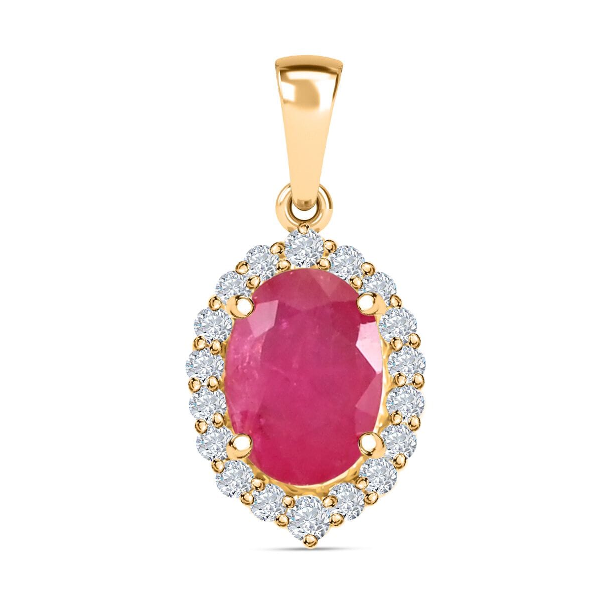 Certified & Appraised Iliana 18K Yellow Gold AAA Ruby and G-H SI Diamond Halo Pendant 1.10 ctw image number 0