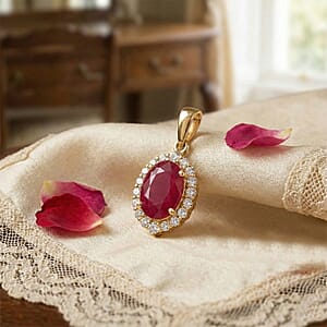 Certified & Appraised Iliana 18K Yellow Gold AAA Ruby and G-H SI Diamond Halo Pendant without Chain 1.10 ctw