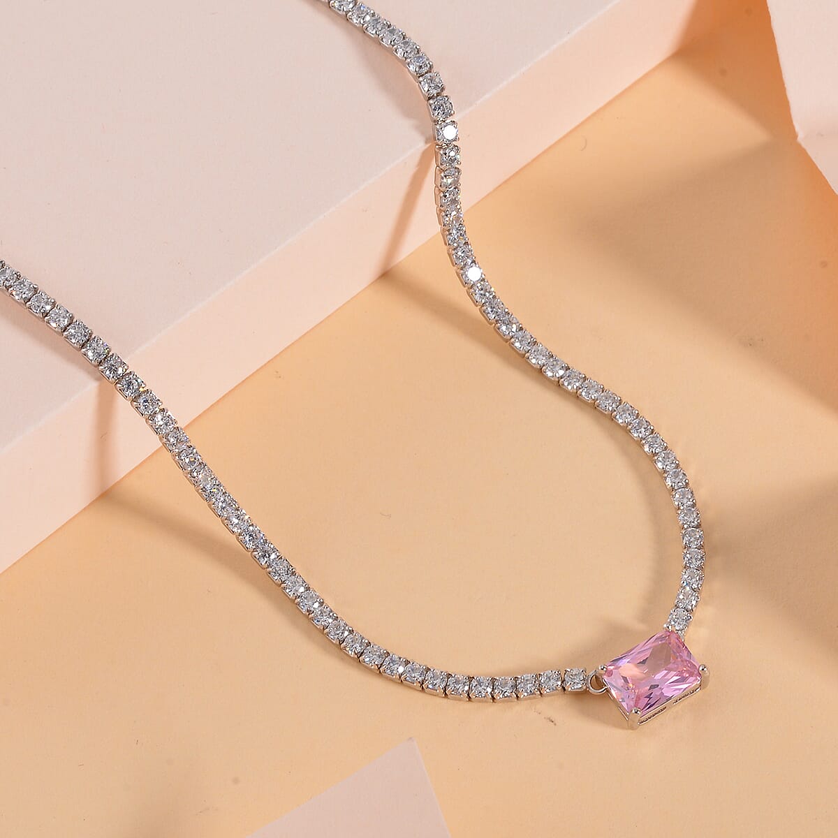 Lustro Stella Pink and White Finest CZ Necklace (16-18 Inches) in Rhodium Over Sterling Silver 10.50 ctw image number 1