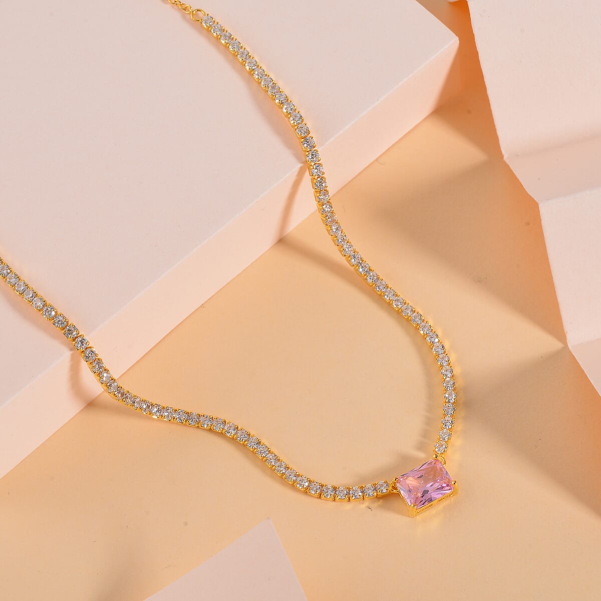 Lustro Stella Pink and White Finest CZ Necklace 16-18 Inches in Vermeil Yellow Gold Over Sterling Silver 10.50 ctw image number 1