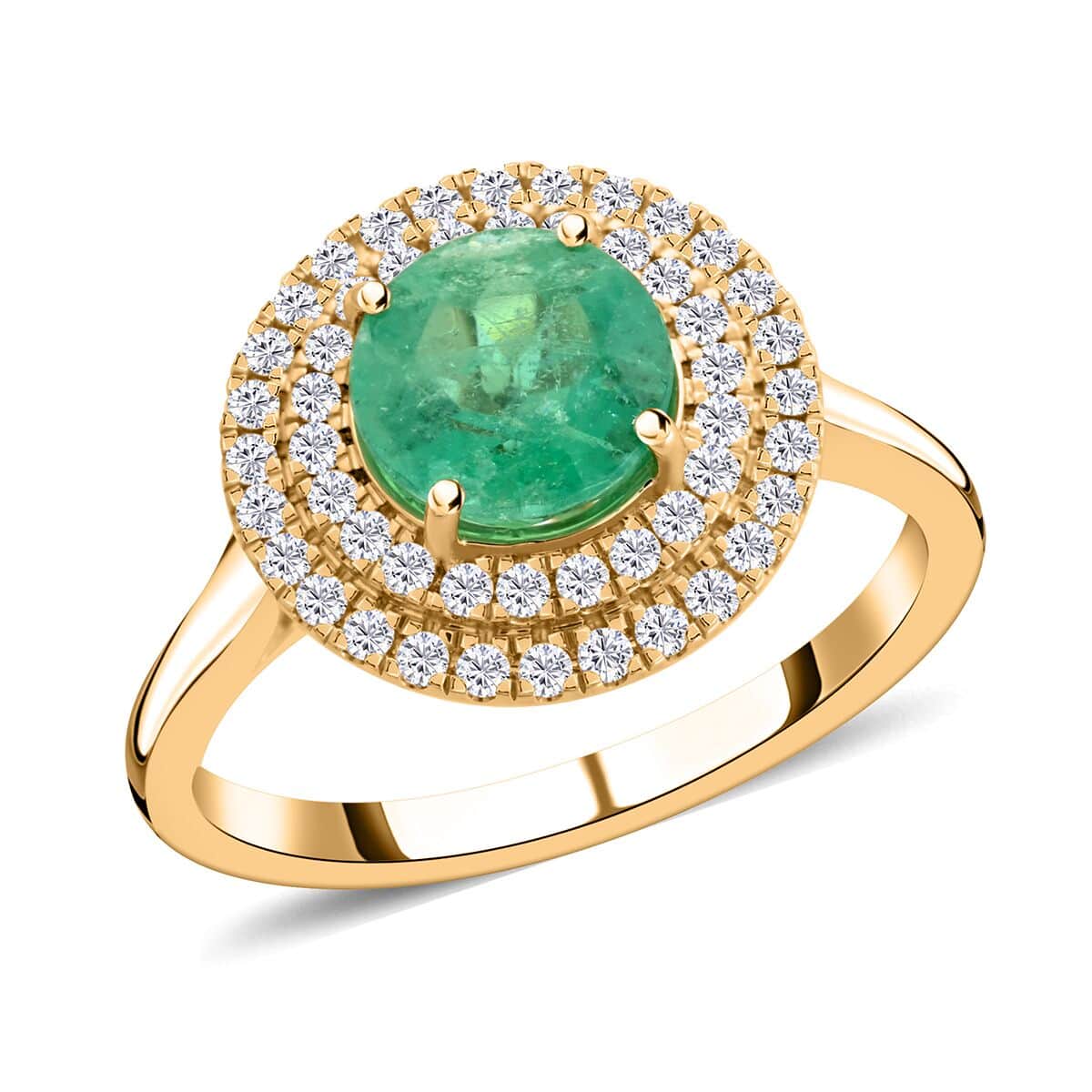 Doorbuster Certified and Appraised Iliana 18K Yellow Gold AAA Boyaca Colombian Emerald and SI Diamond Double Halo Ring 4.75 Grams 1.80 ctw image number 0
