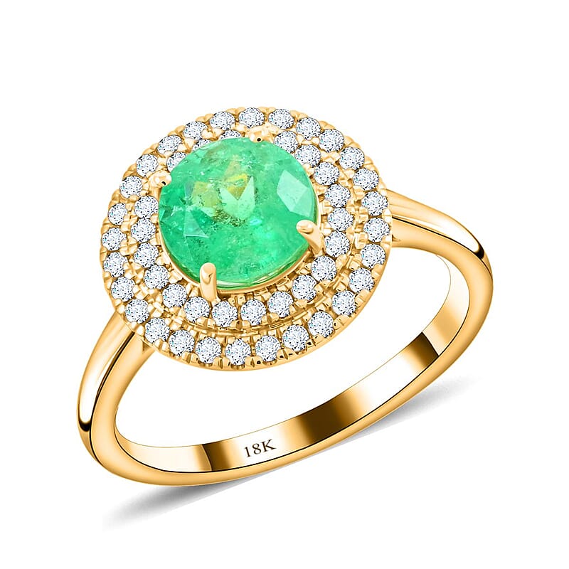 Certified and Appraised Iliana AAA Boyaca Colombian Emerald and SI Diamond 1.80 ctw Double Halo Ring in 18K Yellow Gold (Size 11.0) 4.75 Grams